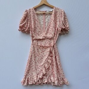 Petal + Pup Women 4 US Floral Mini Dress Pink White Short Sleeve Ruffle Wrap NEW